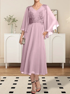 A-line V-Neck Tea-Length Chiffon Lace Mother of the Bride Dress With Beading Sequins