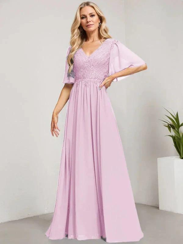 A-line V-Neck Floor-Length Lace Chiffon Mother of the Bride Dress With Sequins