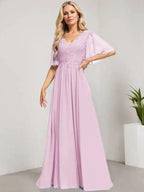 A-line V-Neck Floor-Length Lace Chiffon Mother of the Bride Dress With Sequins