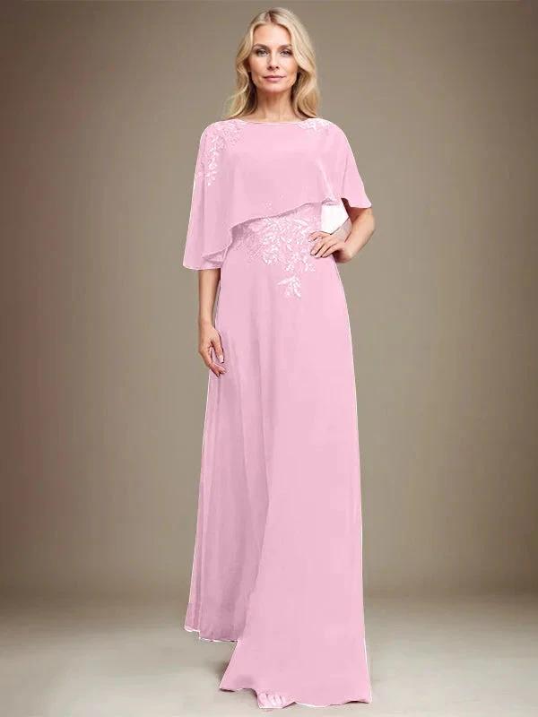 A-line Scoop Floor-Length Chiffon Lace Mother of the Bride Dress With Sequins Beading