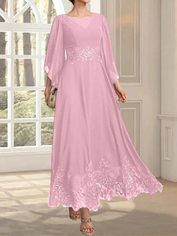 A-line Scoop Illusion Ankle-Length Lace Chiffon Mother of the Bride Dress With Sequins
