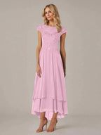 A-line Boat Neck Illusion Asymmetrical Chiffon Lace Mother of the Bride Dress With Applique Pleats