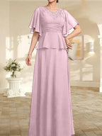A-line V-Neck Floor-Length Chiffon Mother of the Bride Dress With Pleated Beading