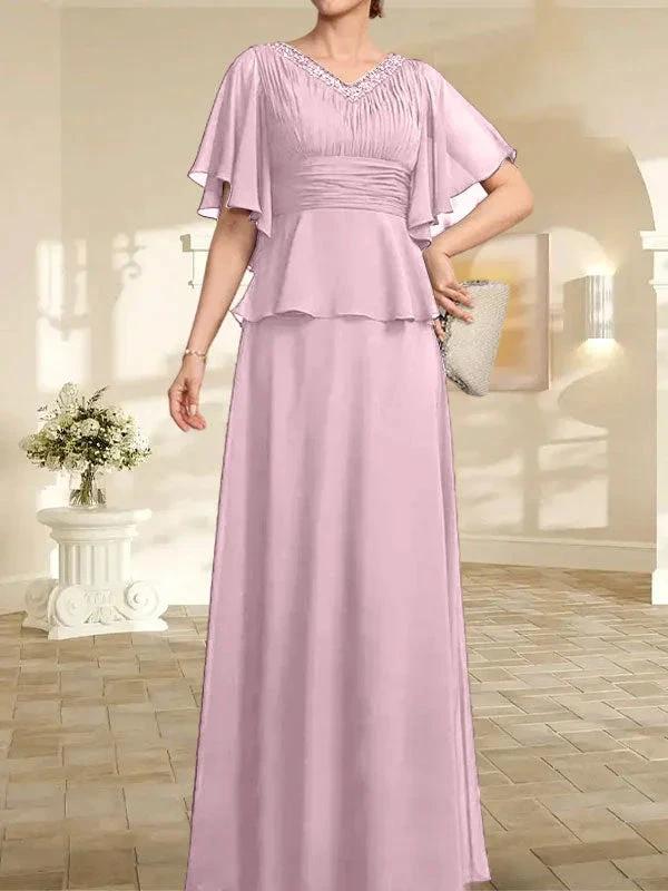 A-line V-Neck Floor-Length Chiffon Mother of the Bride Dress With Pleated Beading