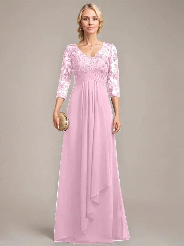 A-line V-Neck Floor-Length Lace Chiffon Mother of the Bride Dress With Cascading Ruffles Sequins