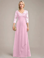 A-line V-Neck Floor-Length Lace Chiffon Mother of the Bride Dress With Cascading Ruffles Sequins