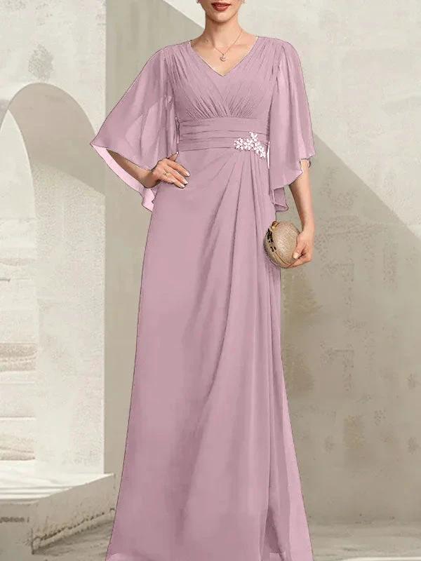 Sheath/Column V-Neck Floor-Length Chiffon Mother of the Bride Dress With Pleated Sequins Beading