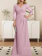 Sheath/Column V-Neck Illusion Floor-Length Lace Chiffon Mother of the Bride Dress With Pleated Sequins
