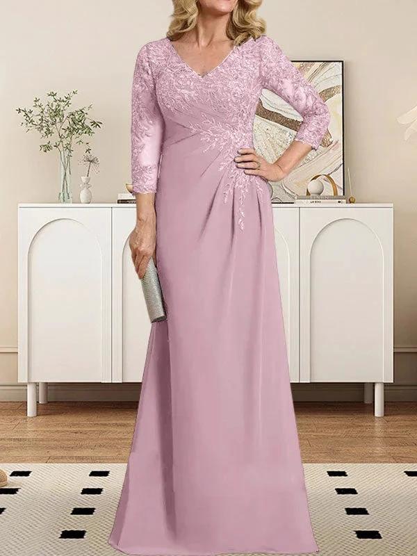 Sheath/Column V-Neck Illusion Floor-Length Lace Chiffon Mother of the Bride Dress With Pleated Sequins
