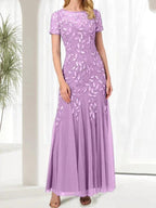 Blue Mermaid Round Neck Long Mother of the Bride Dress With Beadings