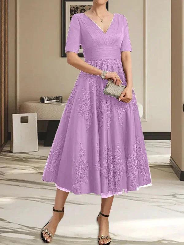 A-line V-Neck Tea-Length Tulle Lace Mother of the Bride Dress With Pleated