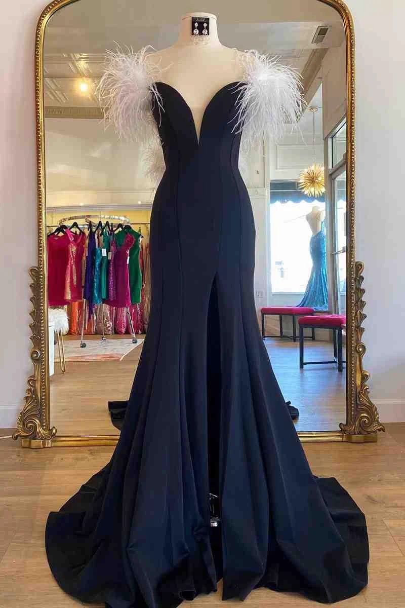 High Slit Prom Dress With White Feather SYP117