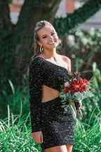 One Shoulder Purple Bodycon Sequin Homecoming Dress SYH34