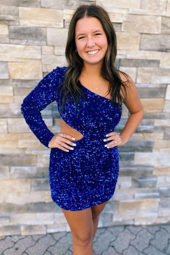 One Shoulder Purple Bodycon Sequin Homecoming Dress SYH34