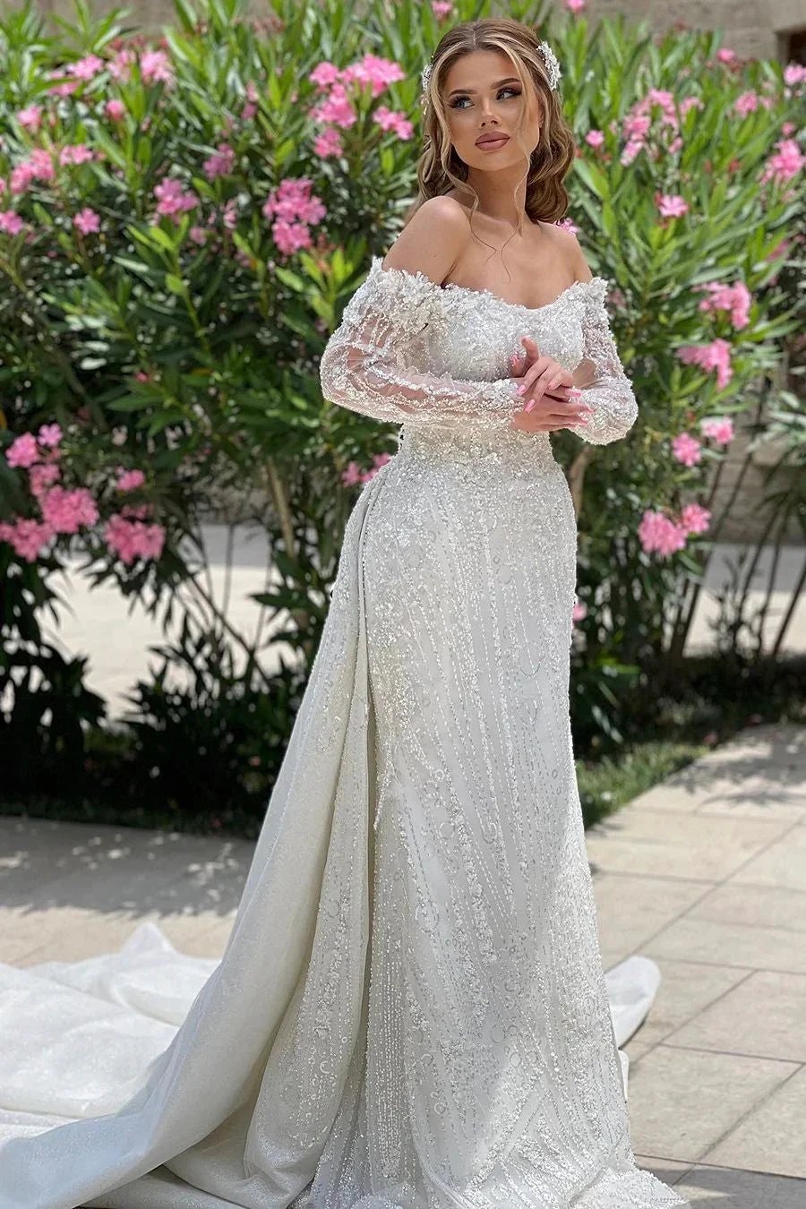 Luxurious Long Ivory Off-the-shoulder Lace Beading Long Sleeves Wedding Dress With Train