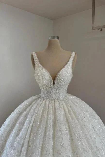 Luxurious Princess Long A-line V-neck Lace Beading Sleeveless Wedding Dresses with Glitter