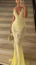 Fashion V Neck Mermaid Evening Dress Yellow Chiffon Sequins Prom Dress Y7892