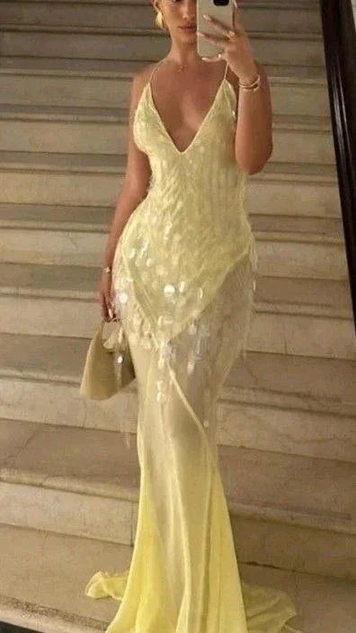 Fashion V Neck Mermaid Evening Dress Yellow Chiffon Sequins Prom Dress Y7892