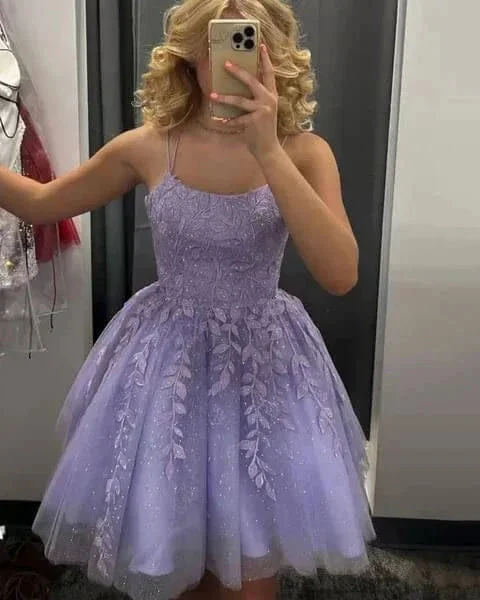 A Line Purple Lace Short Homecoming Dresses Backless Party Dress Y2107