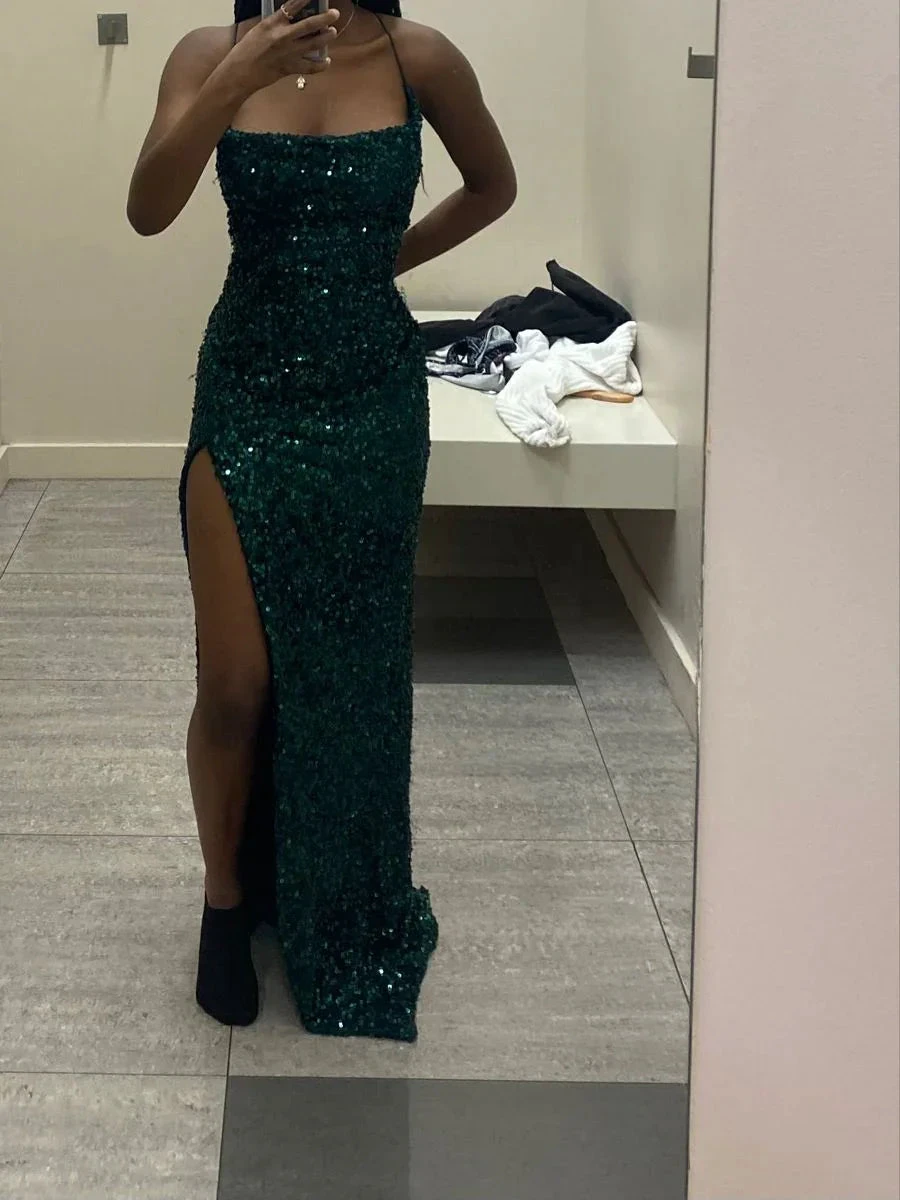 Green Sequin Long Sheath/Column Evening Dresses Y4297