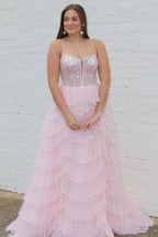 Abbie | Straps Black Mesh Cutout Sequined Layered Long Prom Dress