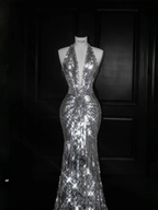 Sparkly Silver Deep V Halter Sequins Beaded Backless Evening Dress Mermaid Prom Dress Y8687