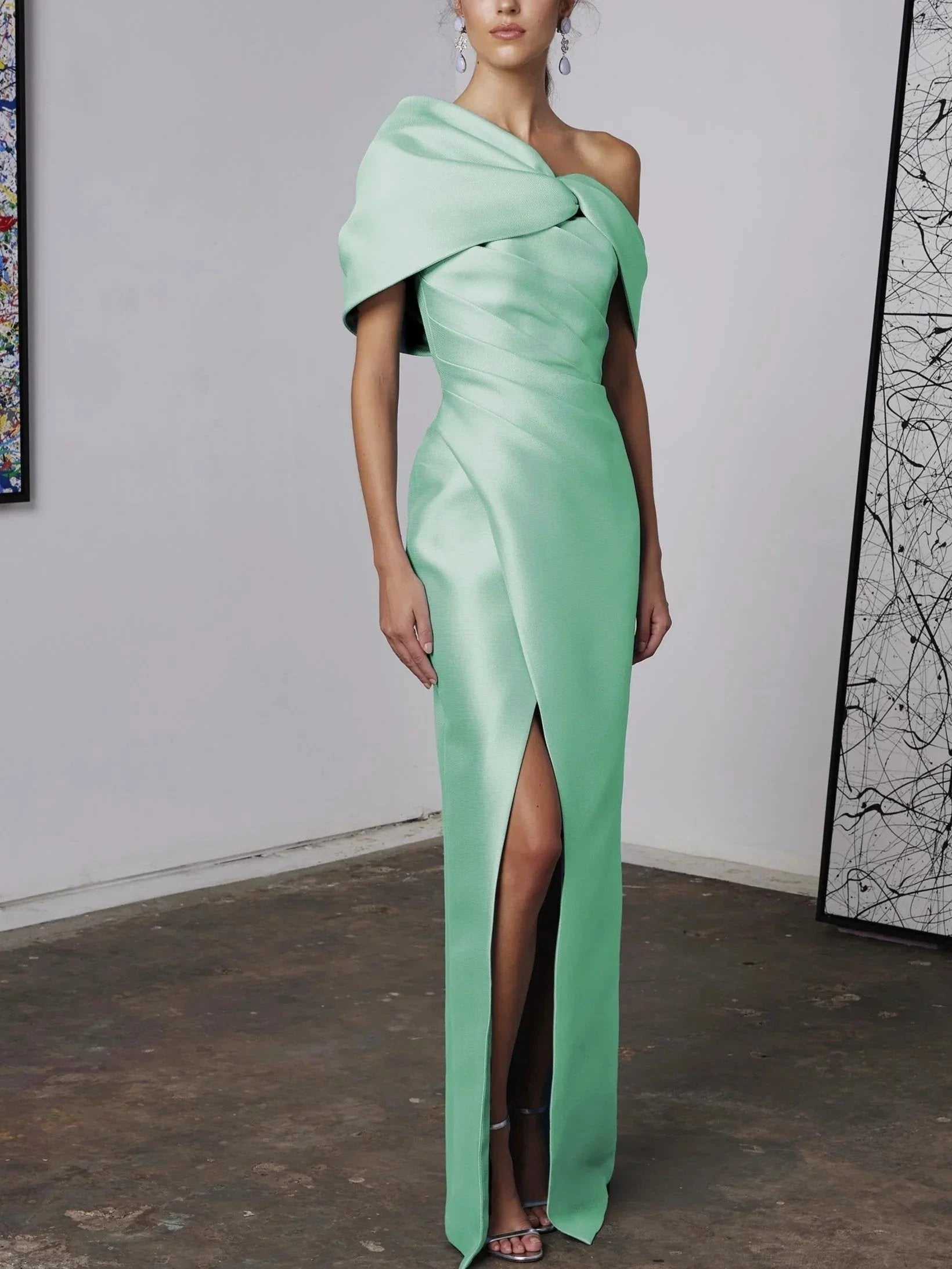 A-Line/Princess One-Shoulder Half Sleeves Floor-Length Mother of the Bride Dresses with Ruffles