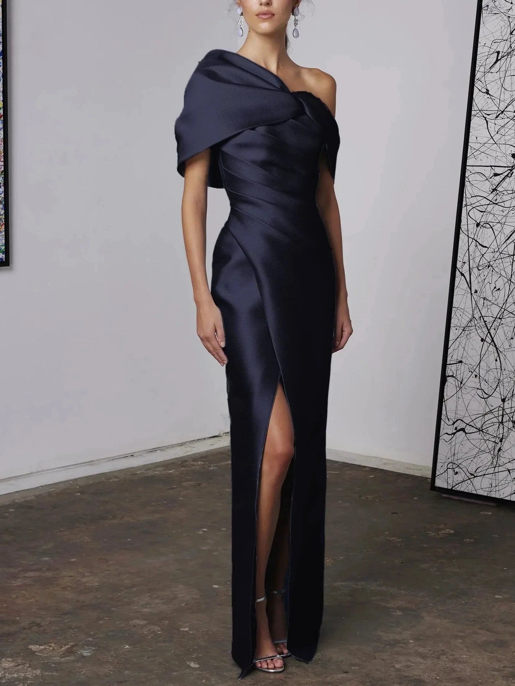 A-Line/Princess One-Shoulder Half Sleeves Floor-Length Mother of the Bride Dresses with Ruffles