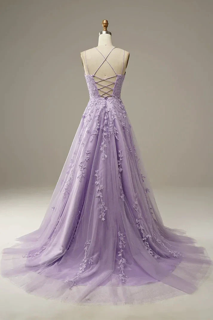 Elegant Lavender Prom Dresses A line Evening Dress Applique Party Gown Y1129