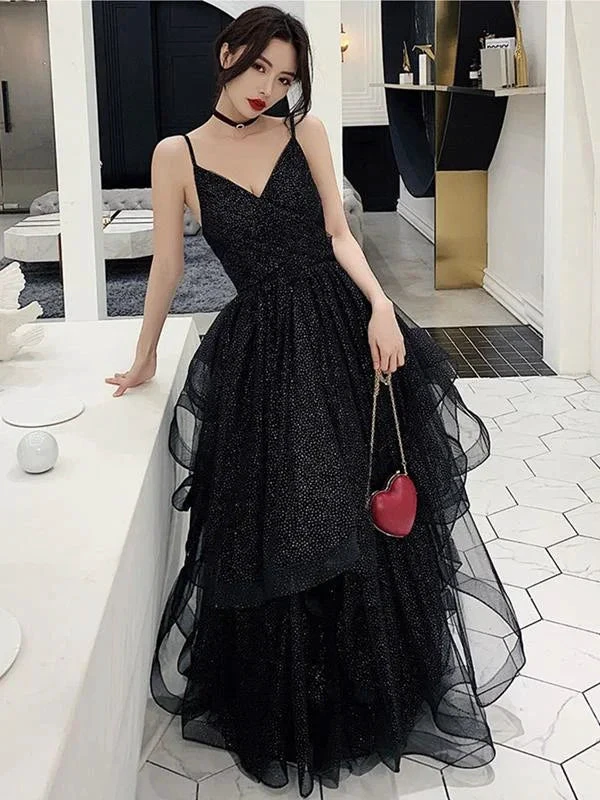 Shiny Black V Neck Prom Dresses, Backless Black V Neck Formal Evening Dress Y1767