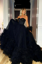 Black Strapless Tulle Long Ball Gown, A-Line Evening Dress Y1797