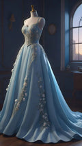 Classy Spaghetti Straps Satin Appliques Prom Dress Blue A Line Long Evening Dress Y8396