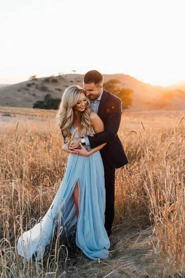 Sky Blue Rustic Thigh Split Beach Wedding Gown with Court Train,MW281