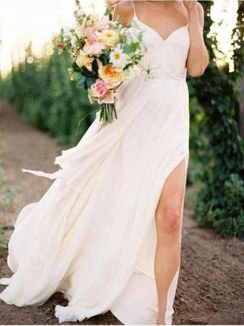 Simple Spaghetti Strap Summer Wedding Dresses with Slit MW286