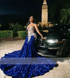 Royal Blue Sequins Mermaid Evening Dress With Sheer Neck Plus Size Formal Evening Occasion Gowns Y6358