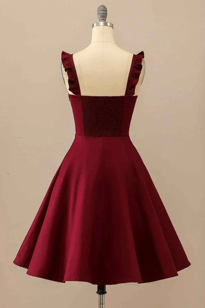 Burgundy A-line Ruffle Straps Satin Mini Homecoming Dress Y2176