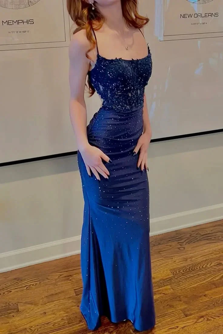 Spaghetti Straps Sequins Appliques Prom Dress Blue Satin Mermaid Evening Dress Y8147