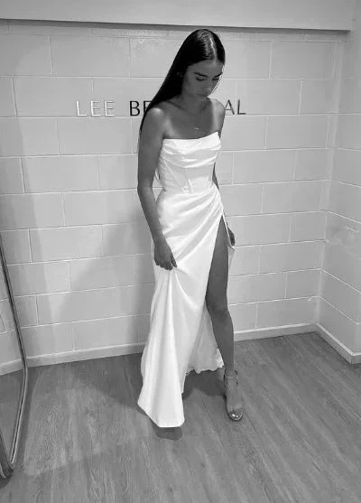 Classy White Strapless Slit Mermaid Evening Dress Long Prom Dress Y8417