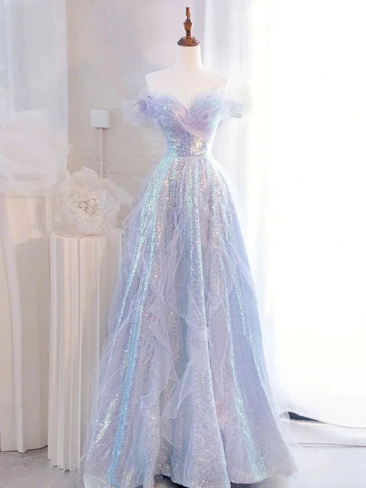 Purple Off Shoulder Sequin Tulle Long Prom Dress Formal Evening Dresses Y5864