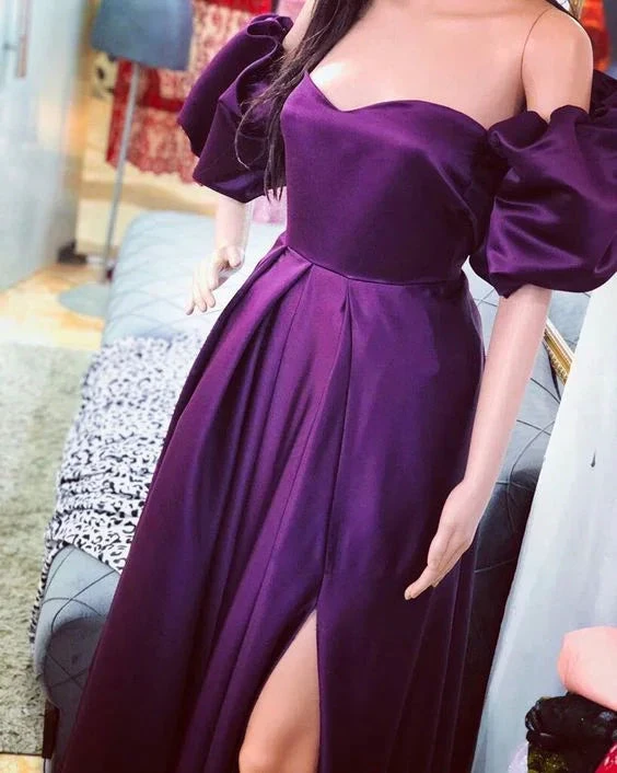 Purple A-line Puffy Sleeves Evening Dress Y5769