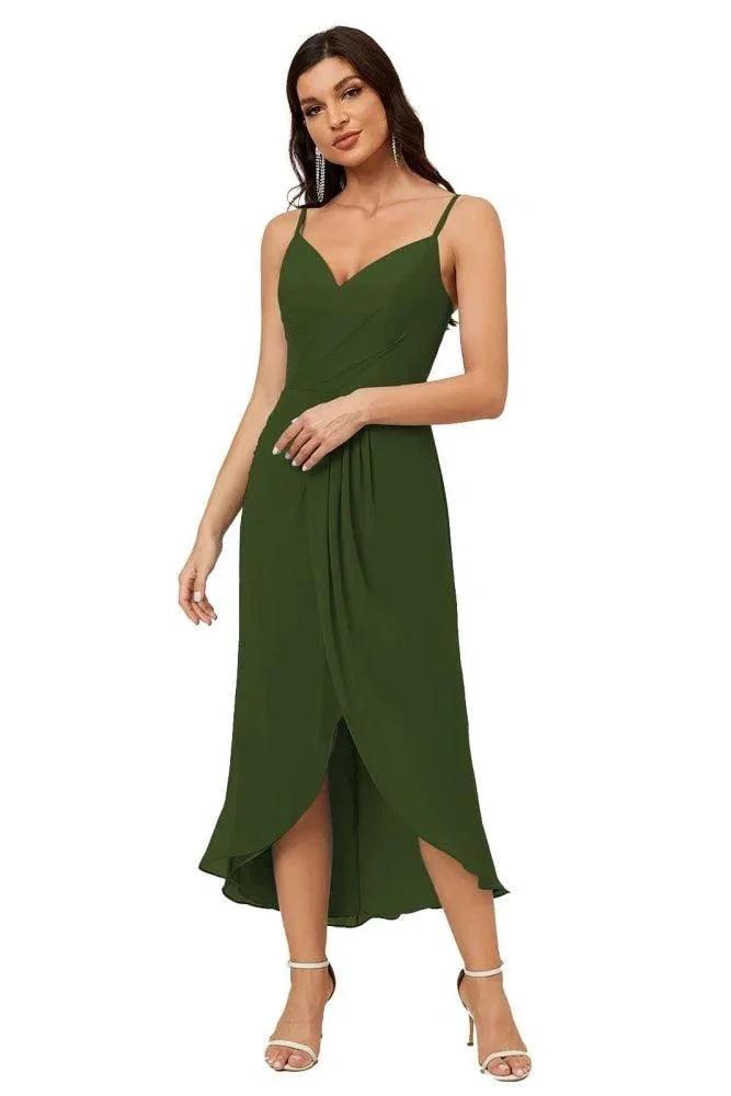 Numbersea Spaghetti Chiffon V Neck Bridesmaid Dress Mid-Length Slit Formal Prom Dress Homecoming Dress 2803