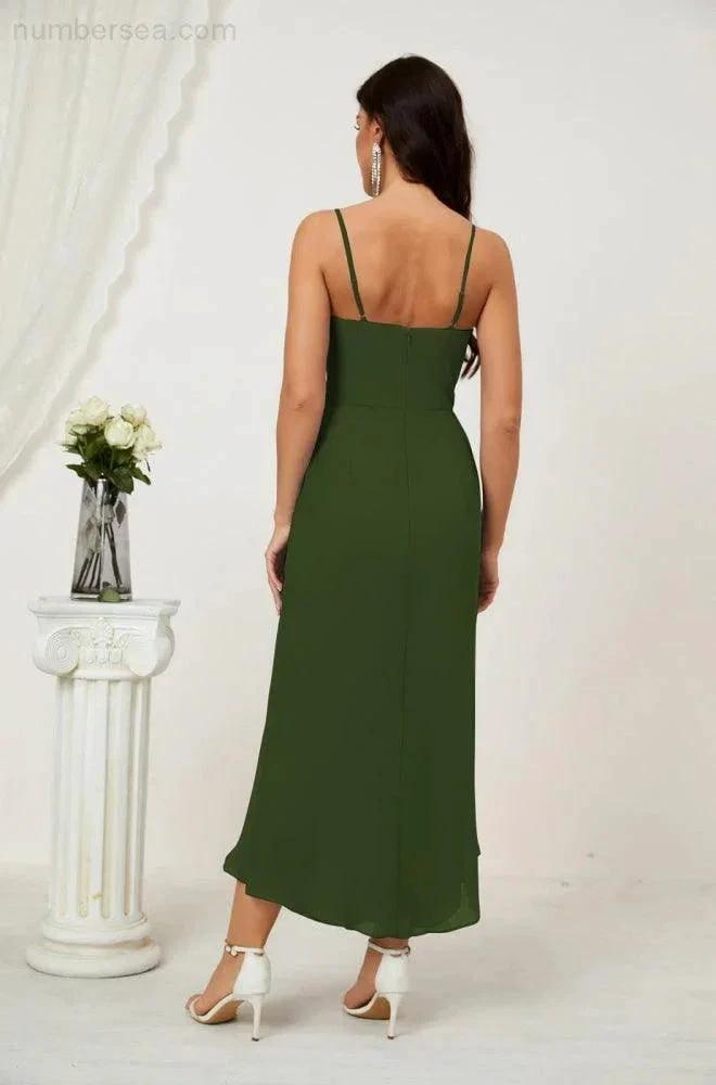 Numbersea Spaghetti Chiffon V Neck Bridesmaid Dress Mid-Length Slit Formal Prom Dress Homecoming Dress 2803