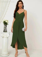 Numbersea Spaghetti Chiffon V Neck Bridesmaid Dress Mid-Length Slit Formal Prom Dress Homecoming Dress 2803