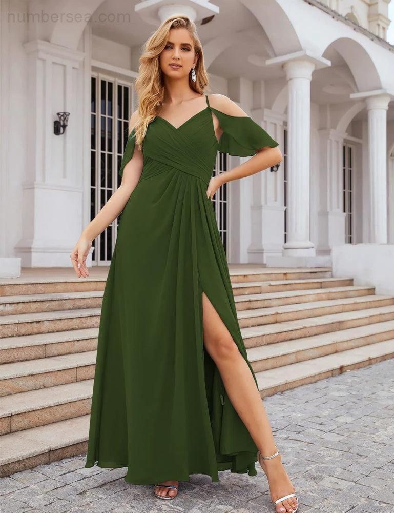 Numbersea Chiffon Cold Shoulder Long Bridesmaid Dresses Plus Size Formal Prom Gowns for Women Party Wedding  SEA28070