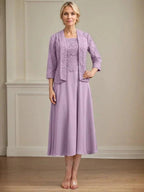 A-line Scoop Tea-Length Lace Chiffon Mother of the Bride Dress