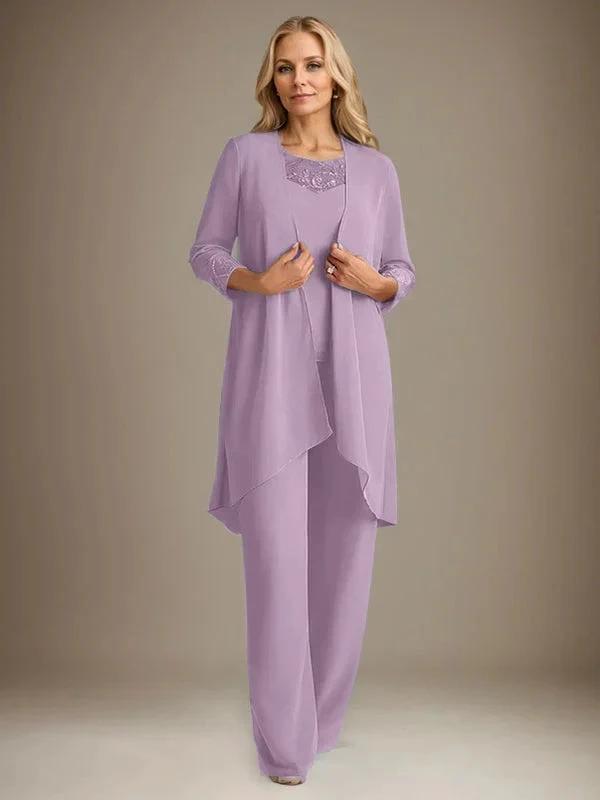 Chiffon Scoop Long Sleeves Mother Of The Bride Pantsuits With Jacket