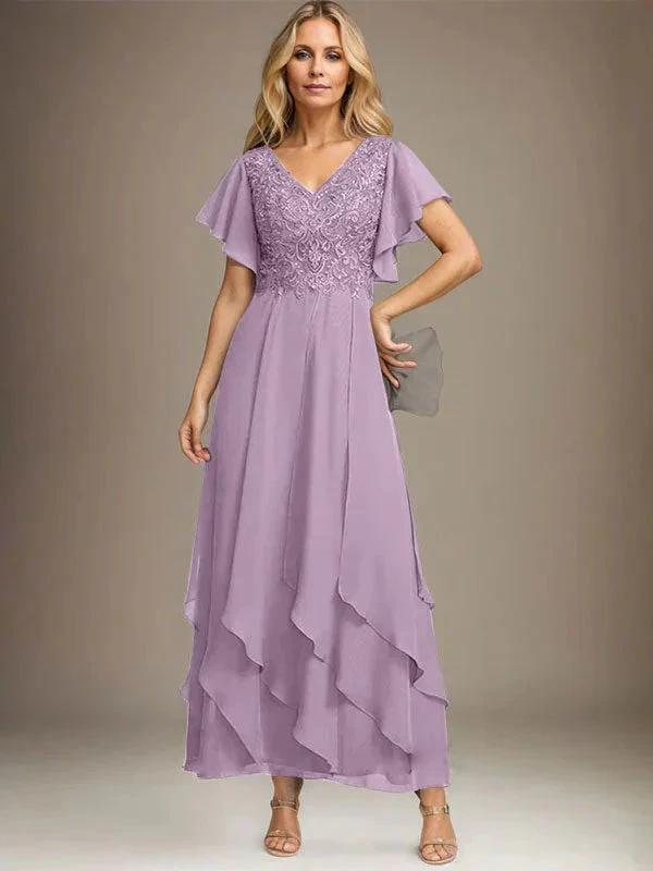 A-line V-Neck Ankle-Length Lace Chiffon Mother of the Bride Dress With Cascading Ruffles
