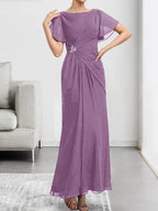A-line Scoop Illusion Tea-Length Chiffon Lace Mother of the Bride Dress With Beading Sequins