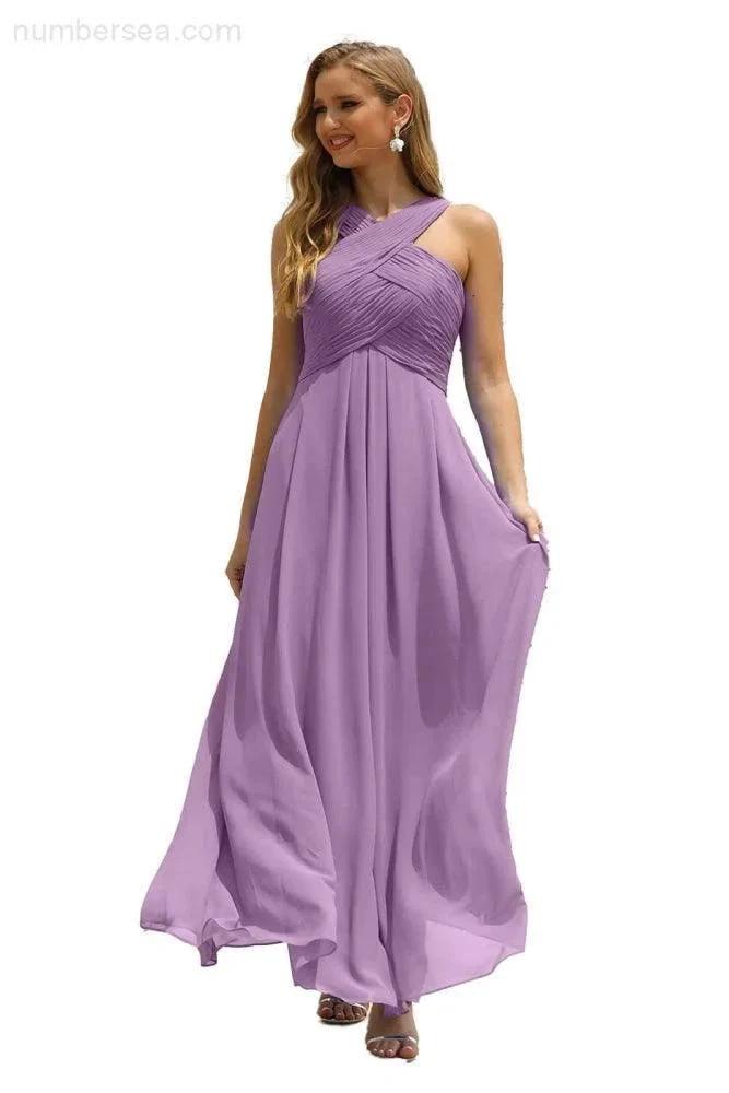 Numbersea Women Halter Chiffon Bridesmaid Dress A-line Long Formal Prom Gown SEA28015