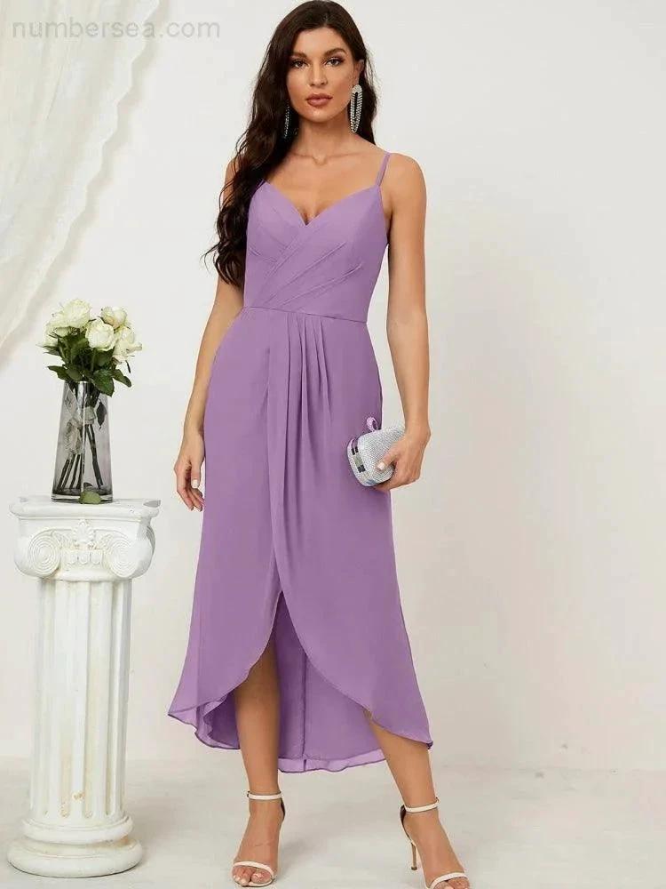 Numbersea Spaghetti Chiffon V Neck Bridesmaid Dress Mid-Length Slit Formal Prom Dress Homecoming Dress 2803
